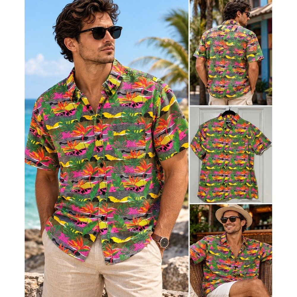 Retro Tropical Shirt Men XL Neon Bird of Paradise 90s Dopamine Maximalist